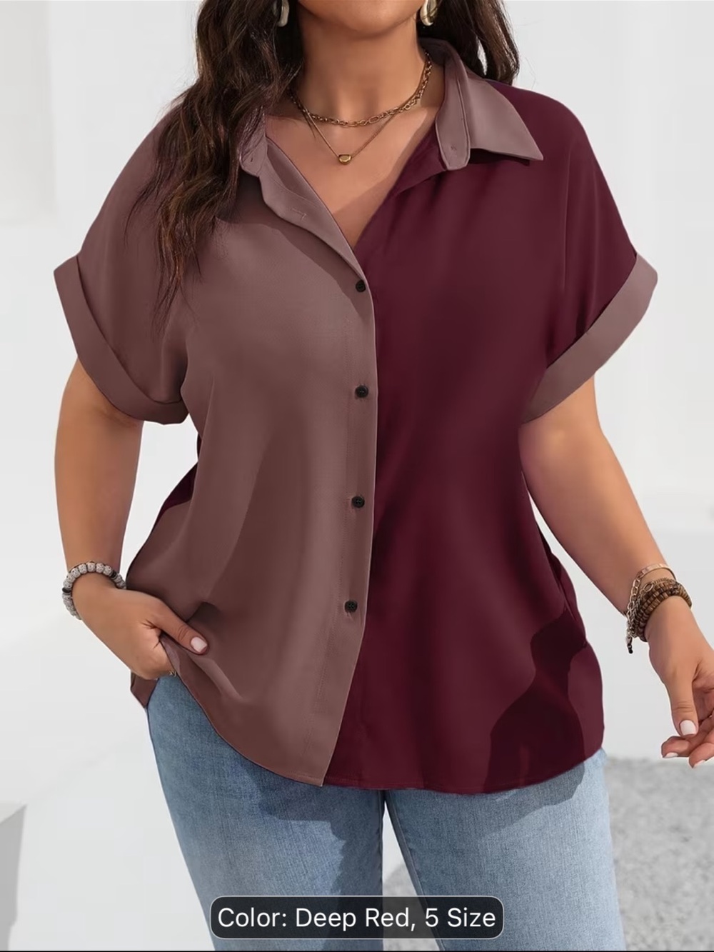 Plus Size Two-Tone Deep Red & Taupe Button-Down Shirt